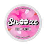 Snooze Tutti Frutti nicotine pouches showcasing vibrant fruity design with 10mg strength, perfect for a discreet experience.