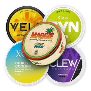 Tropical & Citrus Power Mix Bundle (20-Pack) featuring VELO Orange Spark, Clew Blueberry, ZYN Citrus Mini, XQS Citrus Cooling, Maggie Punch.