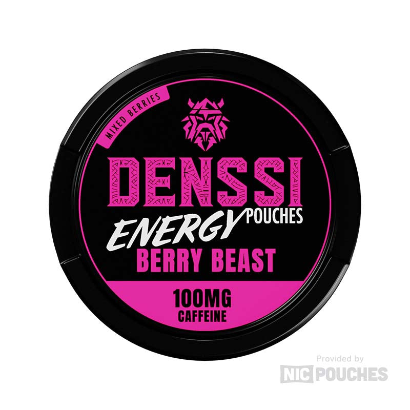 Denssi Energy Berry Beast caffeine pouch 100mg with mixed berry flavor packaging