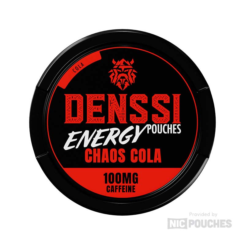 Denssi Energy Chaos Cola 100mg caffeine pouch with bold design, delivering cola flavor and instant energy boost.