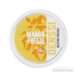 Denssi Mango Freeze nicotine pouches 16mg featuring mango and mint flavor in a yellow container.