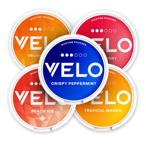 Assorted VELO Fruity Mint Mix Bundle (10-Pack) featuring Crispy Peppermint, Tropical Ice, Ruby Berry, Tropical Mango, and Peach Ice.