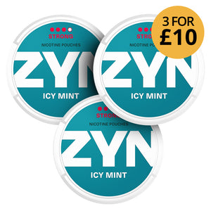ZYN Icy Mint 9.5mg (3-Pack) strong nicotine pouches with icy mint flavor, promotional offer ‘3 for £10’ displayed on packaging.