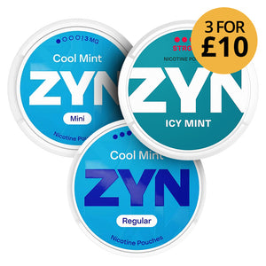 ZYN Mixed Flavours (3-Pack) featuring Cool Mint and Icy Mint nicotine pouches.