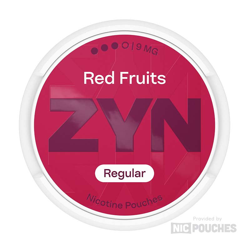 ZYN Red Fruits nicotine pouches featuring a strong 9mg nicotine blend of sweet and tangy red berries for a refreshing experience.