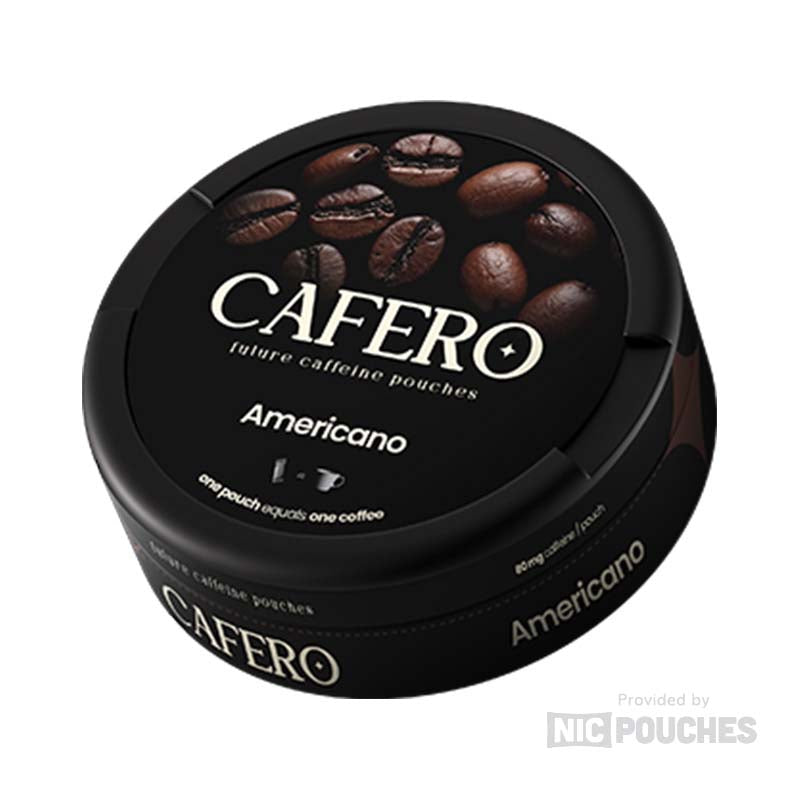 Cafero Americano caffeine pouches with roasted coffee bean design on lid