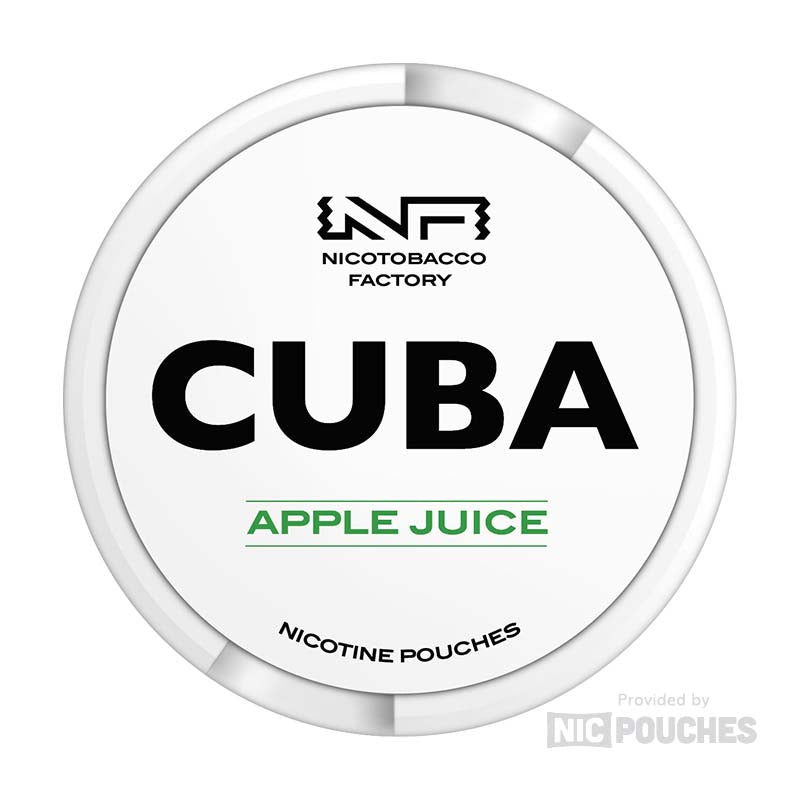 CUBA Apple Juice Nicotine Pouches with sweet apple flavor, 16mg/g strength, 10.4mg nicotine per pouch, 20 slim pouches per can.
