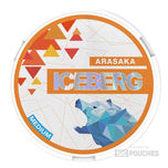 Iceberg Arasaka nicotine pouches with peach flavor, 20mg strength, 20 pouches per can, medium size, vibrant packaging design.