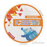 Iceberg Arasaka Nicotine Pouches with peach flavor, 20mg nicotine, 20 pouches per can, packaged in an orange and blue design.
