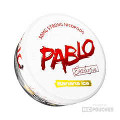 Pablo Exclusive Banana Ice nicotine pouches with banana and menthol flavour, 50mg strength, in a slim, discreet packaging.