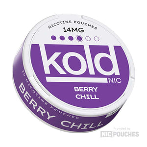 Koldnic Berry Chill nicotine pouches in 14mg strength, featuring a berry flavor and a discreet design for under-lip use.