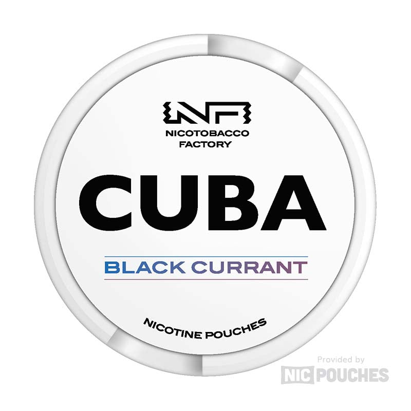 CUBA Black Currant nic pouches can with bold flavor, offering strengths from 16mg to 66mg. 20 portions per can, 0.65g each.