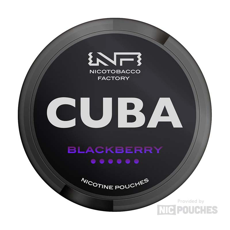 CUBA Blackberry Nicotine Pouches featuring bold blackberry flavor in a slim can, 16mg/g to 66mg/g strength, 20 portions, tobacco-free.