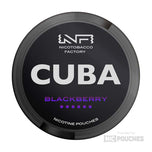 CUBA Blackberry Nicotine Pouches featuring bold blackberry flavor in a slim can, 16mg/g to 66mg/g strength, 20 portions, tobacco-free.