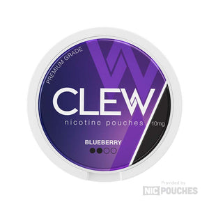 Clew Blueberry nicotine pouches with tangy blueberry flavor, offering a fruity alternative to mint, displayed in purple and black packaging.