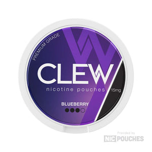 Clew Blueberry nicotine pouches with tangy blueberry flavor, offering a fruity alternative to mint, displayed in purple and black packaging.