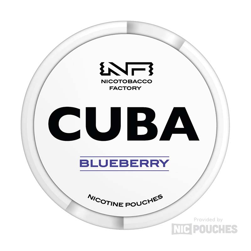 CUBA Blueberry nicotine pouch can with 20 pouches, 16mg/g strength, offering a robust nicotine experience and juicy blueberry flavor.