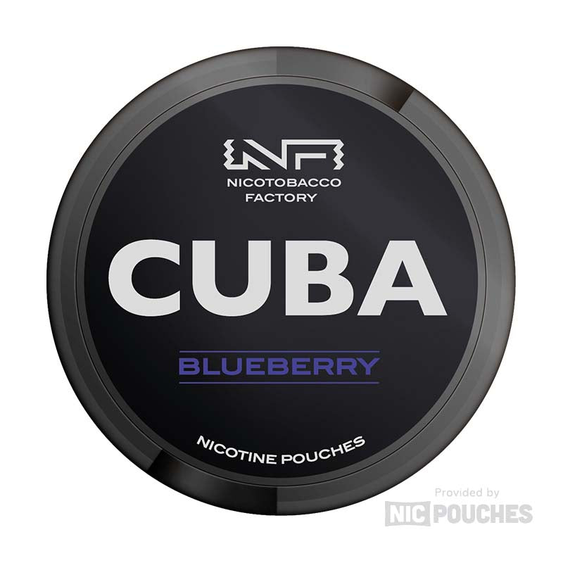 CUBA Blueberry nicotine pouch can with 20 pouches, 16mg/g strength, offering a robust nicotine experience and juicy blueberry flavor.
