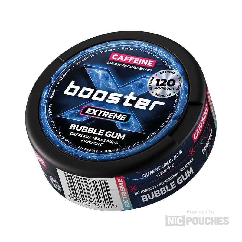 X-Booster Bubble Gum energy pouches with 120 mg caffeine, featuring sweet and nostalgic candy flavor with refreshing energy boost.
