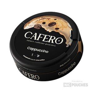 Cafero Cappuccino pouches with rich café-style taste and 80 mg caffeine, designed for coffee lovers seeking convenience.