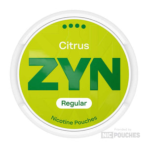 ZYN Citrus nicotine pouches in lime green packaging with citrus flavor, offering a refreshing nicotine experience without smoke.