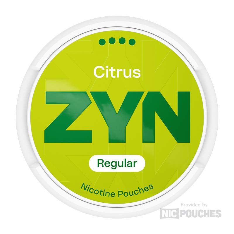 ZYN Citrus nicotine pouches in lime green packaging with citrus flavor, offering a refreshing nicotine experience without smoke.