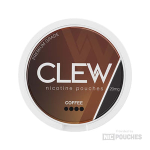 Clew Coffee nicotine pouches in a sleek container with premium grade label and aroma-focused design.