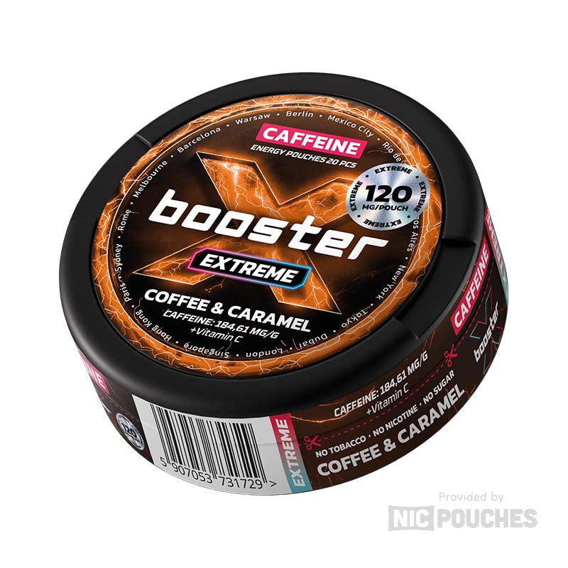 X-Booster Coffee & Caramel energy pouches offering 120 mg caffeine with coffee and caramel flavor