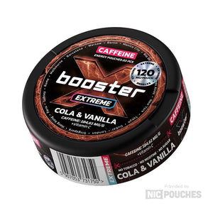 X-Booster Cola & Vanilla energy pouches with cola fizziness and vanilla, 120 mg caffeine boost.