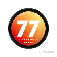 77 Cola & Vanilla nicotine pouches, available in 5.2mg or 10.4mg, 20 pouches per pack, vibrant red and orange packaging.