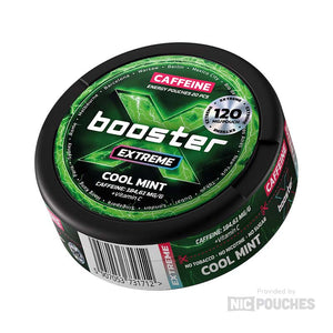X-Booster Cool Mint pouches with 120 mg caffeine for a refreshing mint flavor and energy boost.