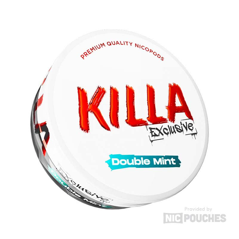 Killa Exclusive Double Mint nicotine pouches can with 20 portions, featuring premium quality for a strong minty freshness.