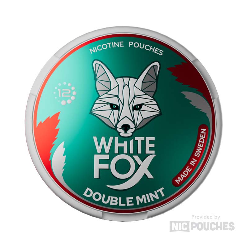 White Fox Double Mint Tight snus with fresh mint and icy menthol flavor, featuring 16mg nicotine strength per pouch. Made in Sweden.