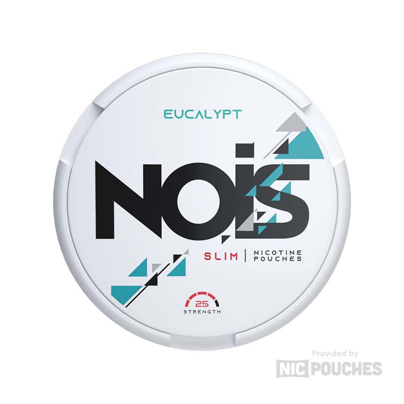 NOIS Eucalyptus Nicotine Pouches with menthol, citrus, and pine flavors, 25mg nicotine per pouch, 22 portions per can, refreshing experience.