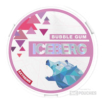Iceberg Bubble Gum nicotine pouches packaging featuring fruity flavor design with polar bear graphic, 20mg and 50mg strength options.