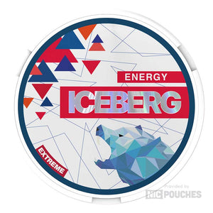 Iceberg Energy nicotine pouches with fizz and sweet flavor, available in 20mg and 50mg strengths, 20 portions per can.