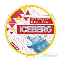 Iceberg Strawberry Mango Gum nicotine pouches with fruity flavors of banana, mango, and bubble gum. 20mg and 50mg per pouch.