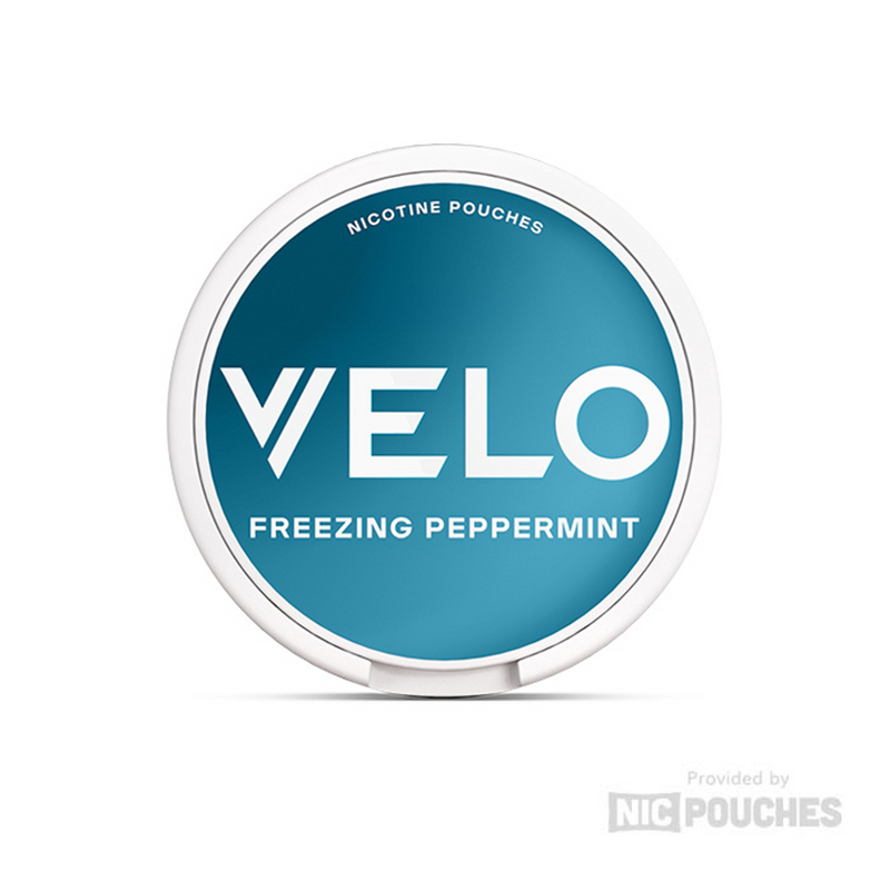 VELO Freezing Peppermint nicotine pouches container with a blue label, offering a refreshing peppermint flavor without smoke or tobacco.