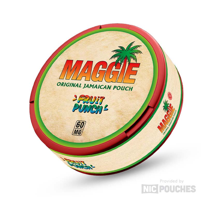 Maggie Original Jamaican Fruit Punch nicotine pouch can featuring fruit punch, orange, mango, and grapefruit flavors. Slim 20 pouches per can.