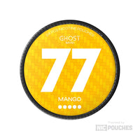 77 Ghost Mini Mango nicotine pouches with tropical mango flavor in compact packaging.