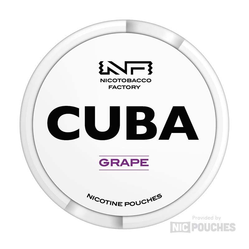 CUBA Grape nicotine pouches container with 20 slim pouches per can, offering luscious grape flavor and multiple nicotine strengths.