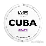 CUBA Grape nicotine pouches container with 20 slim pouches per can, offering luscious grape flavor and multiple nicotine strengths.