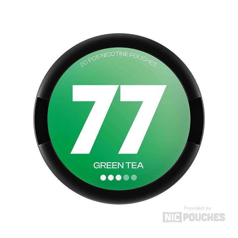 77 Green Tea 10.4mg nicotine pouches, 20-count packaging on display.