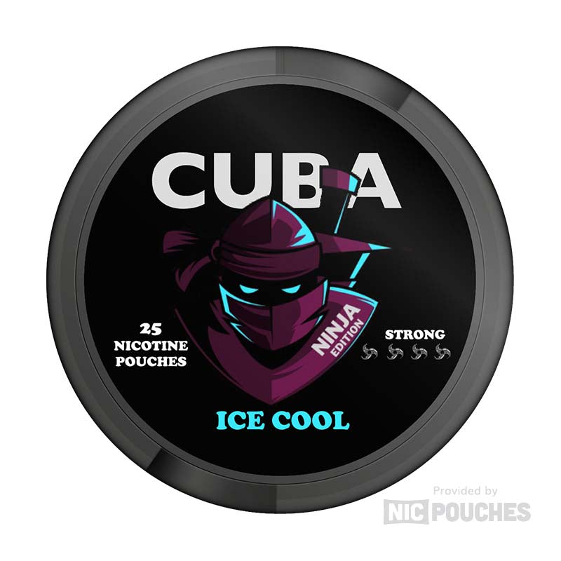 CUBA Ice Cool Ninja nicotine pouches with 30mg/g strength, 25 pouches per can, icy cool sensation packaging.
