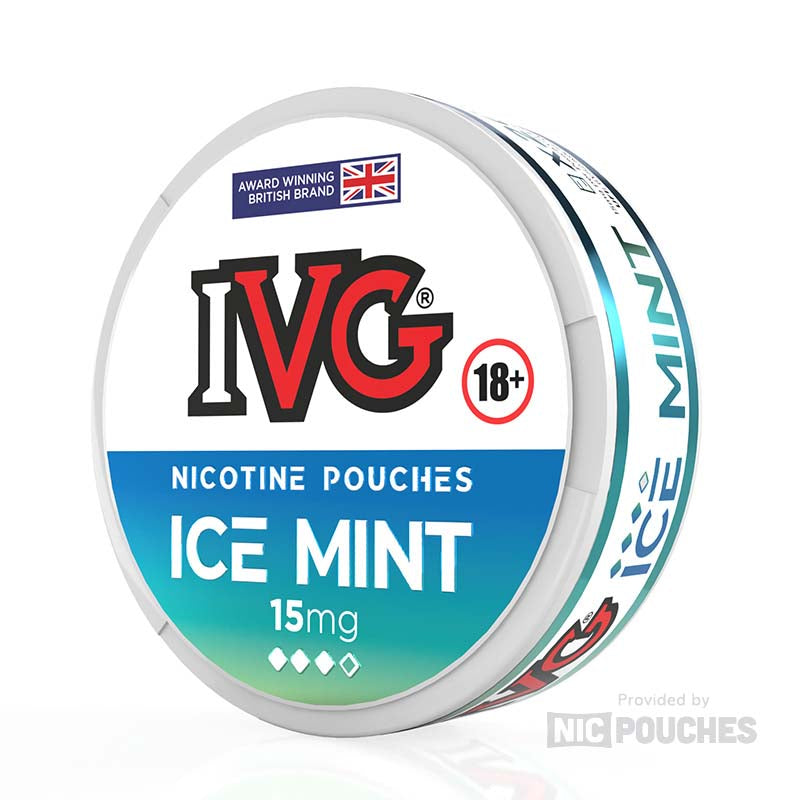 Image of IVG Ice Mint nicotine pouches, featuring 15mg strength with mint flavor packaging for menthol enthusiasts.