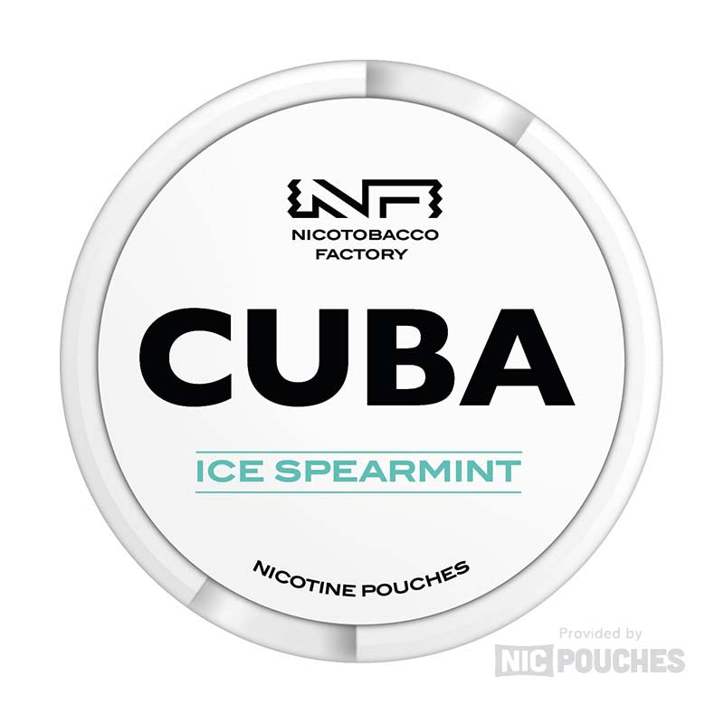 CUBA Ice Spearmint nicotine pouches can, featuring refreshing mint flavor for a cool sensation and high nicotine content.