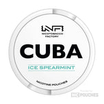 CUBA Ice Spearmint nicotine pouches can, featuring refreshing mint flavor for a cool sensation and high nicotine content.