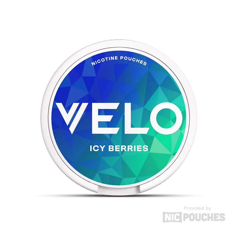 VELO Icy Berries Nicotine Pouches with berry flavor and 10mg nicotine in a blue-green packaging. Tobacco-free and smoke-free.
