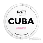 CUBA Jogurt Nicotine Pouches with berry yoghurt flavor, 16mg/g and 66mg/g strengths, 20 portions per can.