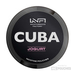 CUBA Jogurt Nicotine Pouches with berry and yogurt flavor, shown in a black can, 16mg/g and 66mg/g strengths, 20 pouches per can.